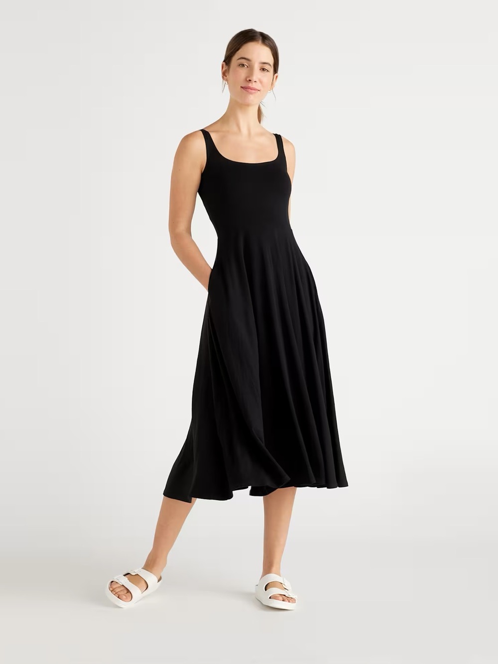Quince Tencel Jersey Fit & Flare Dress black stretch pockets midi sleeveless M